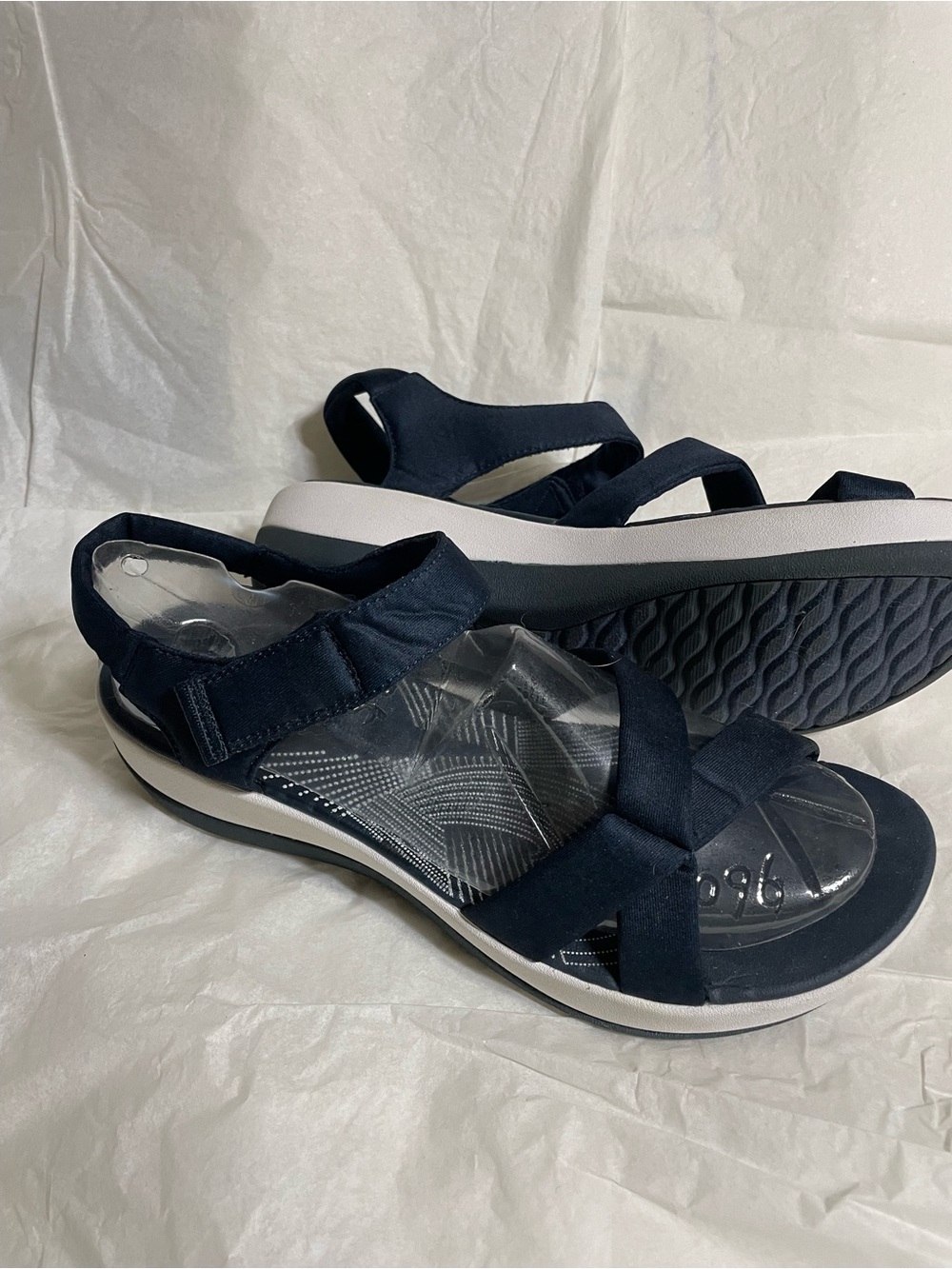 Clarks Navy Cross-Strap Wedge Sandals